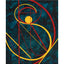 Abstract geometric painting featuring bold yellow and red curved lines and a yellow circle on a dark teal textured background, signed 'Darin' in the lower right, with a white border.