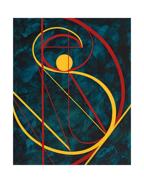 Abstract geometric painting featuring bold yellow and red curved lines and a yellow circle on a dark teal textured background, signed 'Darin' in the lower right, with a white border.