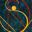 Abstract geometric painting featuring bold yellow and red curved lines and a yellow circle on a dark teal textured background, signed 'Darin' in the lower right.