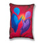 A rectangular throw pillow featuring a colorful abstract painting of two figures nearly touching hands, set against a vibrant red and black background with a yellow glow. The painting includes blue and purple figures, and the signature 'Darin' is visible in the bottom right corner.