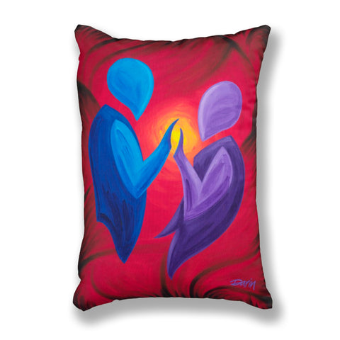 A rectangular throw pillow featuring a colorful abstract painting of two figures nearly touching hands, set against a vibrant red and black background with a yellow glow. The painting includes blue and purple figures, and the signature 'Darin' is visible in the bottom right corner.