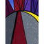 Abstract geometric painted design featuring a stylized moon, blue sky, red and purple angular forms, a large gray circle with a red carpet-like stripe, and yellow and green crescent accents; signed 'Darin' in bottom-right, with white border.
