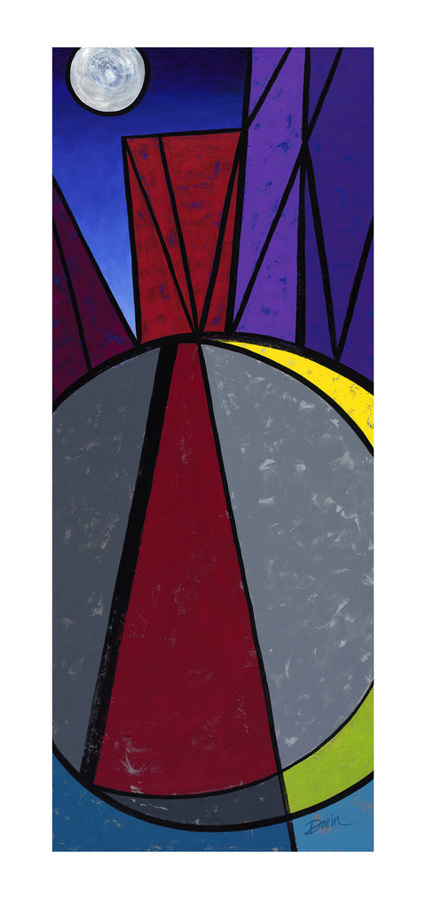 Abstract geometric painted design featuring a stylized moon, blue sky, red and purple angular forms, a large gray circle with a red carpet-like stripe, and yellow and green crescent accents; signed 'Darin' in bottom-right, with white border.