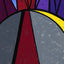 Abstract geometric painted design featuring a stylized moon, blue sky, red and purple angular forms, a large gray circle with a red carpet-like stripe, and yellow and green crescent accents; signed 'Darin' in bottom-right.