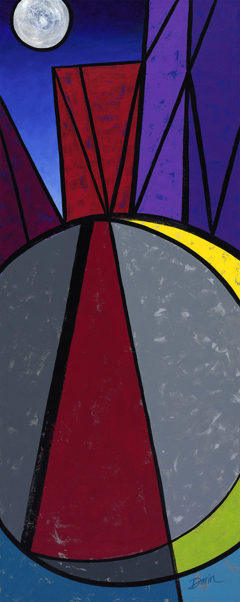 Abstract geometric painted design featuring a stylized moon, blue sky, red and purple angular forms, a large gray circle with a red carpet-like stripe, and yellow and green crescent accents; signed 'Darin' in bottom-right.