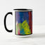 White ceramic coffee mug with a black handle and black interior, featuring a wrap‑around print of the artwork titled “Downtown Palette.“