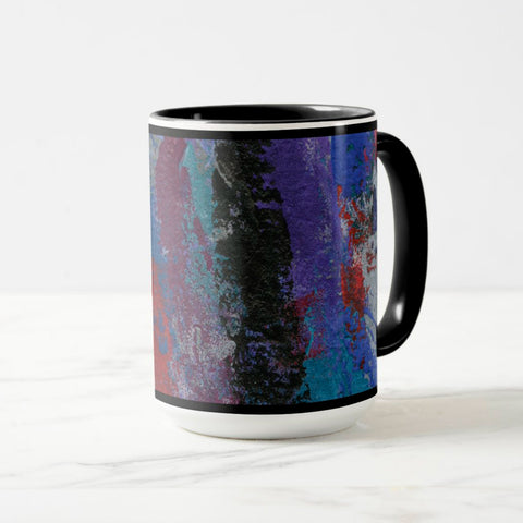 White ceramic coffee mug with a black handle and black interior, featuring a wrap‑around print of the artwork titled “Downtown Palette.“
