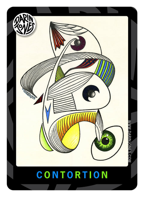 An abstract stylized illustration with three eyes, black linework with yellow, green, blue, red and orange accents on an off-white background and the word 'CONTORTION' at the bottom in alternating blue and green letters, with a black and gray design border, the DARIN JONES logo in the upper left, and website on the right.