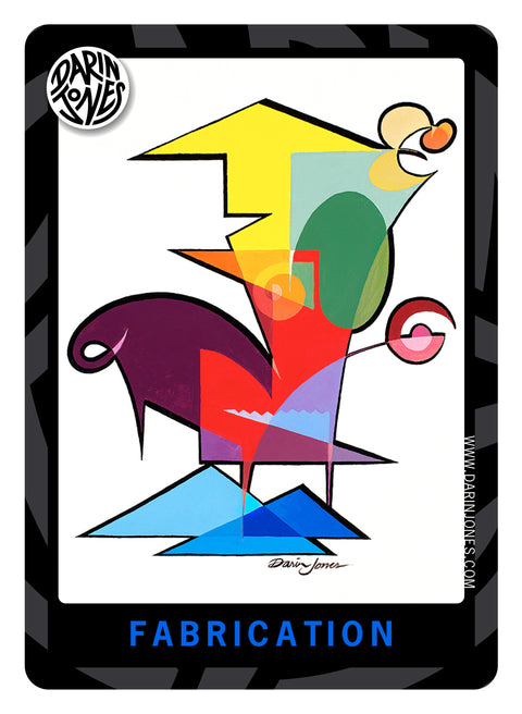An abstract geometric composition with bold shapes in yellow, orange, green, red, purple, blue, and pink on a white field, surrounded by a black border, with the title 'FABRICATION' in blue text at the bottom, a black and gray design border, the DARIN JONES logo in the upper left, and website on the right.