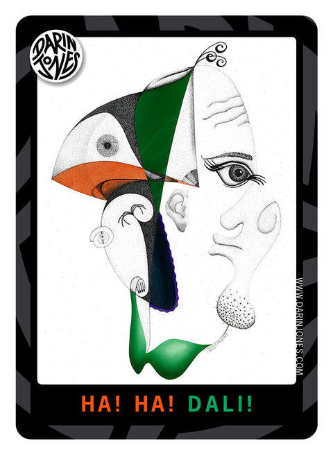 A surreal black-and-white face illustration with green, orange, and dark blue geometric shapes, with the title 'HA! HA! DALI!' in orange and green text at the bottom, a black and gray design border, the DARIN JONES logo in the upper left, and website on the right.