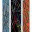 Three vertical abstract art panels of geometric line designs: blue and yellow with black lines on the left, black with multicolored lines in the center, and copper and green with black lines on the right; each signed at the bottoms, with a white border.