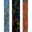 Three vertical abstract art panels of geometric line designs: blue and yellow with black lines on the left, black with multicolored lines in the center, and copper and green with black lines on the right; each signed at the bottoms, with a white border.
