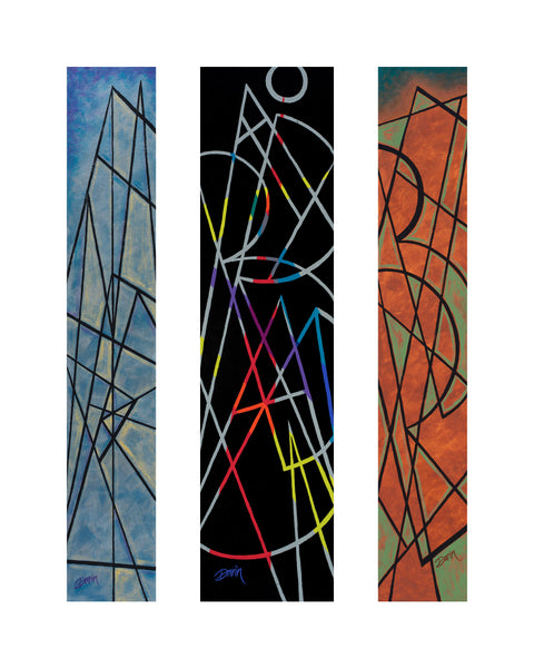 Three vertical abstract art panels of geometric line designs: blue and yellow with black lines on the left, black with multicolored lines in the center, and copper and green with black lines on the right; each signed at the bottoms, with a white border.