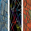 Three vertical abstract art panels of geometric line designs: blue and yellow with black lines on the left, black with multicolored lines in the center, and copper and green with black lines on the right; each signed at the bottoms with white in-between.
