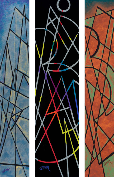Three vertical abstract art panels of geometric line designs: blue and yellow with black lines on the left, black with multicolored lines in the center, and copper and green with black lines on the right; each signed at the bottoms with white in-between.