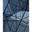 Abstract geometric painting featuring a complex network of black intersecting lines over textured slate blue and gray background, with an olive-green semi-circle and a small magenta and yellow stripe; signed 'Darin' in lower-right, with a white border.