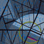 Abstract geometric painting featuring a complex network of black intersecting lines over textured slate blue and gray background, with an olive-green semi-circle and a small magenta and yellow stripe; signed 'Darin' in lower-right.