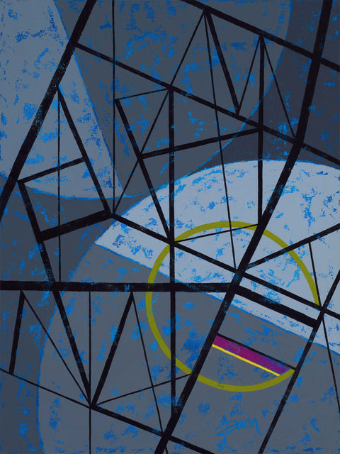 Abstract geometric painting featuring a complex network of black intersecting lines over textured slate blue and gray background, with an olive-green semi-circle and a small magenta and yellow stripe; signed 'Darin' in lower-right.