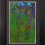 Abstract textured painting with layered brush and palette-knife strokes in  vibrant green, deep and bright blue, earthy brown tones and a dot of red; matted and framed in black.