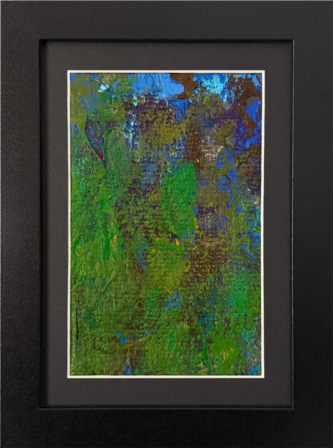 Abstract textured painting with layered brush and palette-knife strokes in  vibrant green, deep and bright blue, earthy brown tones and a dot of red; matted and framed in black.