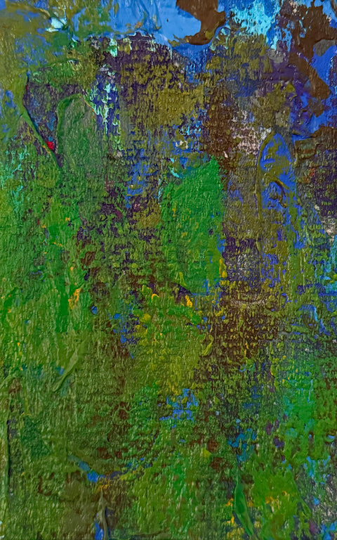 Abstract textured painting with layered brush and palette-knife strokes in  vibrant green, deep and bright blue, earthy brown tones and a dot of red.
