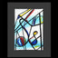 Abstract geometric painting with intersecting black lines with blue, red, yellow accents over a light blue watercolor-like wash on a white background; signed 'Darin' in yellow at the bottom-right, mounted on a gray mat, framed in black.