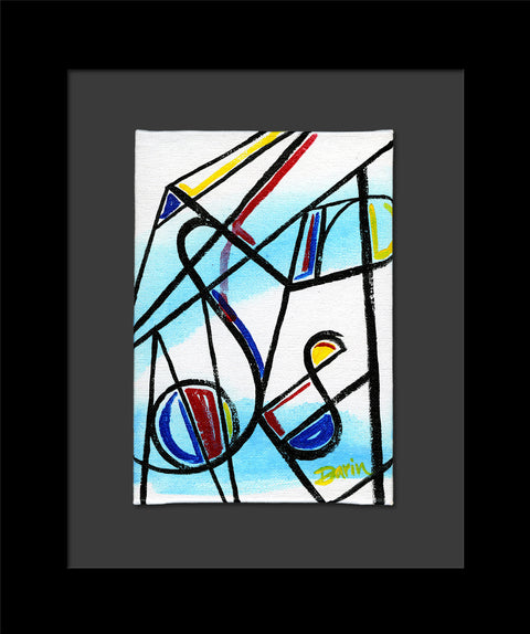 Abstract geometric painting with intersecting black lines with blue, red, yellow accents over a light blue watercolor-like wash on a white background; signed 'Darin' in yellow at the bottom-right, mounted on a gray mat, framed in black.