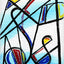 Abstract geometric painting with intersecting black lines with blue, red, yellow accents over a light blue watercolor-like wash on a white background; signed 'Darin' in yellow at the bottom-right.
