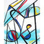 Abstract geometric painting with intersecting black lines with blue, red, yellow accents over a light blue watercolor-like wash on a white background; signed 'Darin' in yellow at the bottom-right, with a white border.