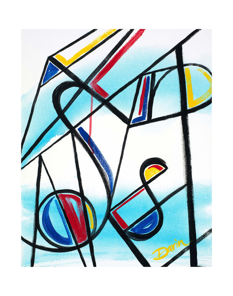 Abstract geometric painting with intersecting black lines with blue, red, yellow accents over a light blue watercolor-like wash on a white background; signed 'Darin' in yellow at the bottom-right, with a white border.
