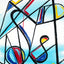 Abstract geometric painting with intersecting black lines with blue, red, yellow accents over a light blue watercolor-like wash on a white background; signed 'Darin' in yellow at the bottom-right, with a white border.