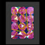 Abstract geometric painting featuring textured magenta-pink circles over a background of larger blue circles and white accents, overlaid with bold yellow lines and geometric shapes, signed 'Darin' in lower-left; mounted on a gray mat and framed in black.