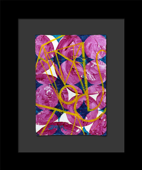 Abstract geometric painting featuring textured magenta-pink circles over a background of larger blue circles and white accents, overlaid with bold yellow lines and geometric shapes, signed 'Darin' in lower-left; mounted on a gray mat and framed in black.