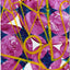 Abstract geometric painting featuring textured magenta-pink circles over a background of larger blue circles and white accents, overlaid with bold yellow lines and geometric shapes, signed 'Darin' in lower-left.