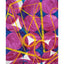 Abstract geometric painting featuring textured magenta-pink circles over a background of larger blue circles and white accents, overlaid with bold yellow lines and geometric shapes, signed 'Darin' in lower-left, with white border.
