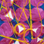 Abstract geometric painting featuring textured magenta-pink circles over a background of larger blue circles and white accents, overlaid with bold yellow lines and geometric shapes, signed 'Darin' in lower-left.