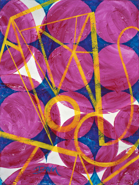 Abstract geometric painting featuring textured magenta-pink circles over a background of larger blue circles and white accents, overlaid with bold yellow lines and geometric shapes, signed 'Darin' in lower-left.