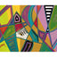 An abstract geometric painting featuring a vibrant mix of yellow, green, purple, pink, teal, red, and black shapes outlined in bold blue lines, with a visible 'Darin' signature in the lower left and a white border.