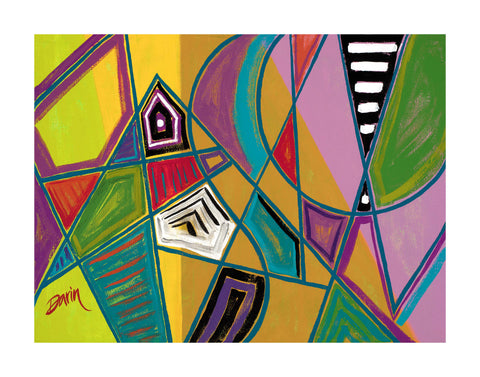 An abstract geometric painting featuring a vibrant mix of yellow, green, purple, pink, teal, red, and black shapes outlined in bold blue lines, with a visible 'Darin' signature in the lower left and a white border.