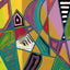 An abstract geometric painting featuring a vibrant mix of yellow, green, purple, pink, teal, red, and black shapes outlined in bold blue lines, with a visible 'Darin' signature in the lower left.