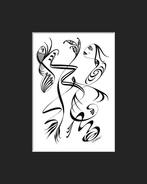 Black and white abstract pen‑and‑ink drawing with optical‑illusion shapes, featuring stylized human and animal forms; matted in black.