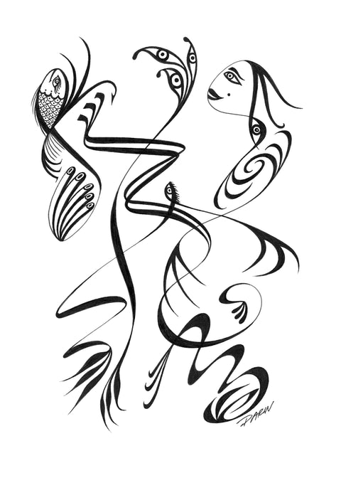 Black and white abstract pen‑and‑ink drawing with optical‑illusion shapes, featuring stylized human and animal forms.