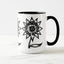 White ceramic coffee mug with a black handle and black interior, featuring a wrap‑around print of the artwork titled “Flowerize.“