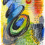 Abstract expressionist artwork featuring bold black strokes over a vibrant background of yellow, blue, green, and orange scribbled textures.