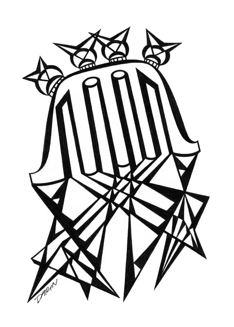 Black and white abstract pen‑and‑ink drawing with optical‑illusion shapes.