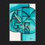 An abstract geometric mixed-media painting featuring teal, turquoise, and black ink lines on a white background, matted in black.