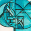 An abstract geometric mixed-media painting featuring teal, turquoise, and black ink lines on a white background.