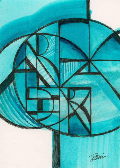 An abstract geometric mixed-media painting featuring teal, turquoise, and black ink lines on a white background.
