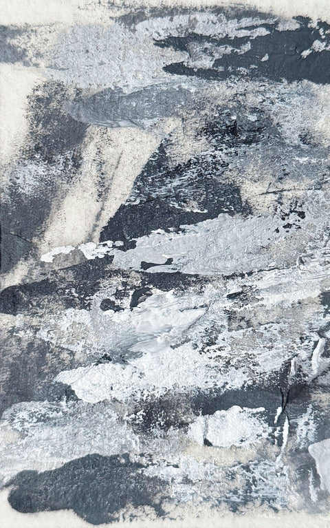 Abstract textured painting with layered brush and palette-knife strokes in shades of gray and white on a white background.