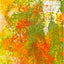 Abstract textured painting with layered brush and palette-knife strokes in orange, yellow, and green.